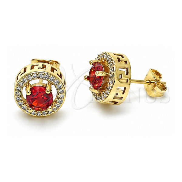 Oro Laminado Stud Earring, Gold Filled Style Cluster and Greek Key Design, with Garnet Cubic Zirconia and White Micro Pave, Polished, Golden Finish, 02.342.0339