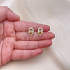 Oro Laminado Stud Earring, Gold Filled Style Puff Mariner Design, with White Micro Pave, Polished, Golden Finish, 02.283.0095