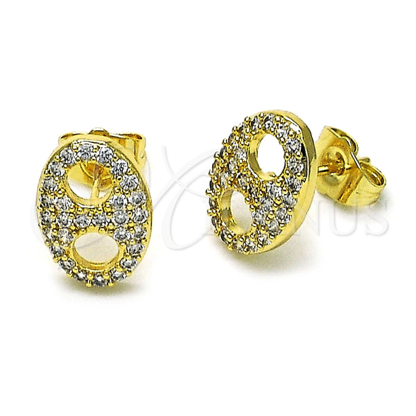 Oro Laminado Stud Earring, Gold Filled Style Puff Mariner Design, with White Micro Pave, Polished, Golden Finish, 02.283.0095