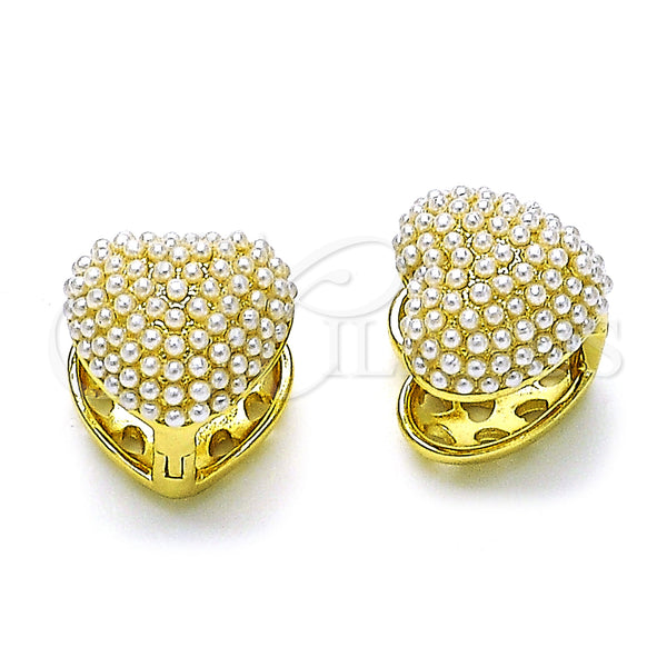 Gold Filled Hoop Earrings — Huggie Hoop Heart Design with Ivory Pearl Polished — main product view — SKU 155182 | Oro Laminado aretes de aro — Huggie Hoop corazón diseño with Ivory Pearl pulido — SKU 155182