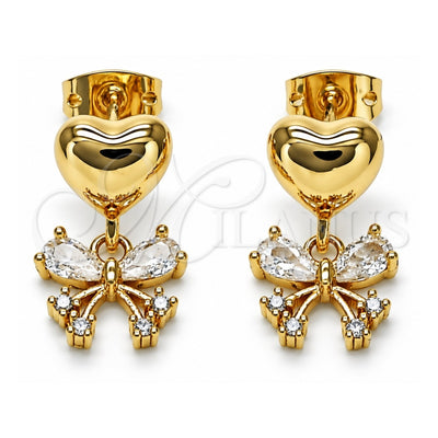 Oro Laminado Dangle Earring, Gold Filled Style Butterfly and Heart Design, with White Cubic Zirconia, Polished, Golden Finish, 02.156.0688