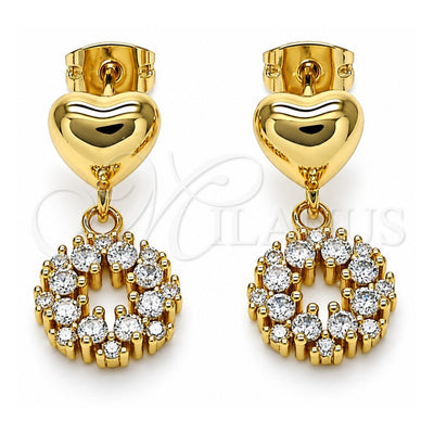 Oro Laminado Dangle Earring, Gold Filled Style Heart Design, with White Cubic Zirconia, Polished, Golden Finish, 02.156.0689