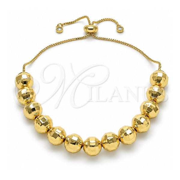 Oro Laminado Adjustable Bolo Bracelet, Gold Filled Style Ball and Disco Design, with White Cubic Zirconia, Diamond Cutting Finish, Golden Finish, 03.368.0097 (10 MM Thickness, 12 Inches Length)