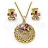 Oro Laminado Earring and Pendant Adult Set, Gold Filled Style Flower Design, with Multicolor Cubic Zirconia and White Micro Pave, Polished, Golden Finish, 10.284.0036