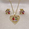 Oro Laminado Earring and Pendant Adult Set, Gold Filled Style Heart and Butterfly Design, with Multicolor Cubic Zirconia, Polished, Golden Finish, 10.284.0037