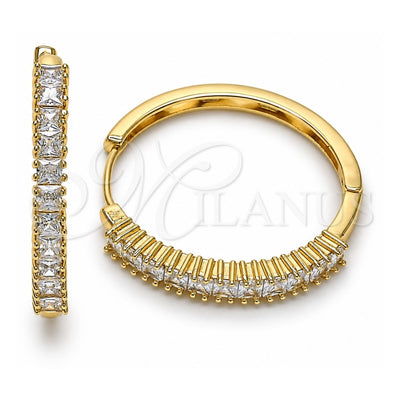 Oro Laminado Huggie Hoop, Gold Filled Style Baguette Design, with White Cubic Zirconia, Polished, Golden Finish, 02.210.0105.35