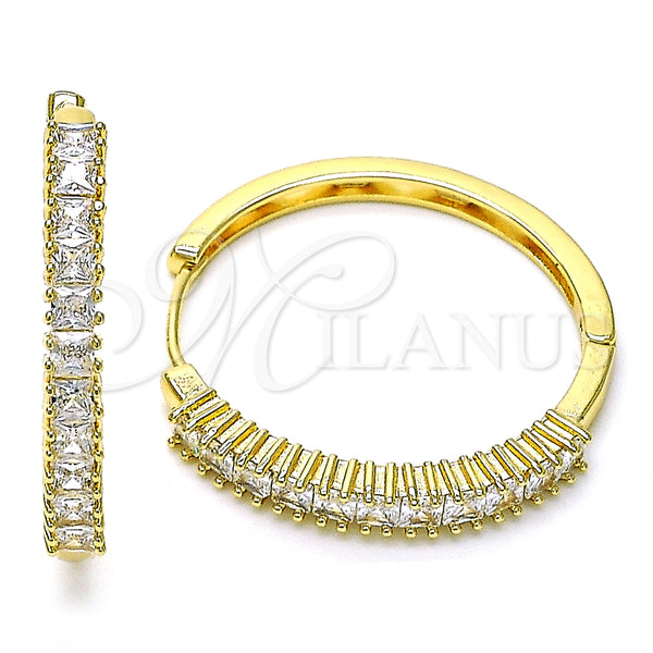 Gold Filled Hoop Earrings — Huggie Hoop Baguette Design with White Cubic Zirconia — main product view — SKU 155223 | Oro Laminado aretes de aro — Huggie Hoop Baguette diseño with blanco Cubic Zirconia — SKU 155223