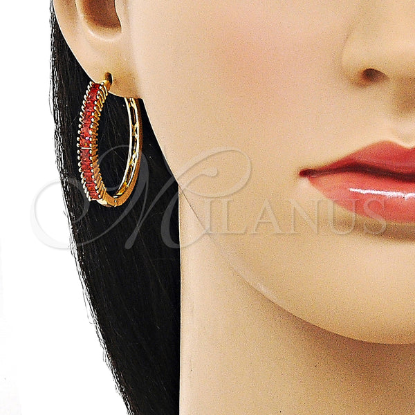Gold Filled Hoop Earrings — Huggie Hoop Baguette Design with Garnet Cubic Zirconia — alternate product view — SKU 155224 | Oro Laminado aretes de aro — Huggie Hoop Baguette diseño with Garnet Cubic Zirconia — SKU 155224