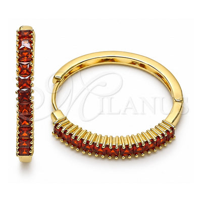 Oro Laminado Huggie Hoop, Gold Filled Style Baguette Design, with Garnet Cubic Zirconia, Polished, Golden Finish, 02.210.0105.15.35