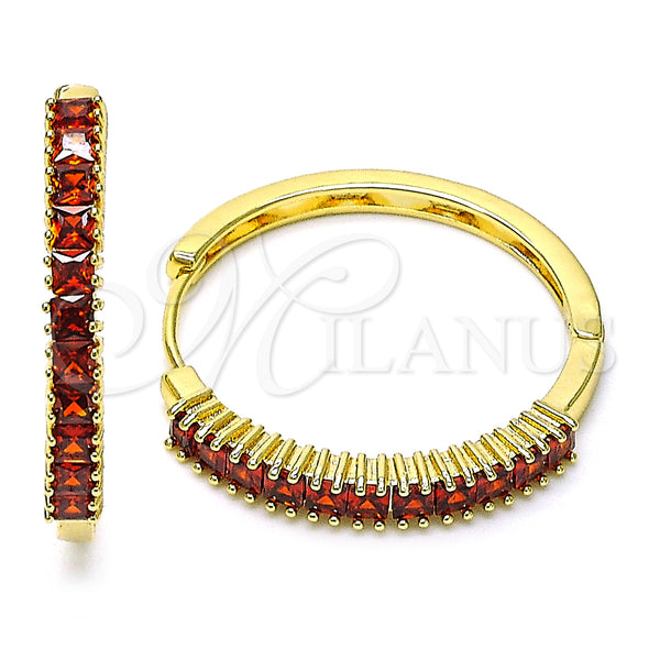 Oro Laminado Huggie Hoop, Gold Filled Style Baguette Design, with Garnet Cubic Zirconia, Polished, Golden Finish, 02.210.0105.15.35