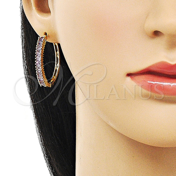 Gold Filled Hoop Earrings — Huggie Hoop Baguette Design with Amethyst Cubic Zirconia — alternate product view — SKU 155226 | Oro Laminado aretes de aro — Huggie Hoop Baguette diseño with Amethyst Cubic Zirconia — SKU 155226