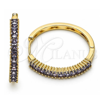 Oro Laminado Huggie Hoop, Gold Filled Style Baguette Design, with Amethyst Cubic Zirconia, Polished, Golden Finish, 02.210.0105.16.35