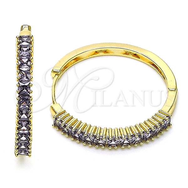 Gold Filled Hoop Earrings — Huggie Hoop Baguette Design with Amethyst Cubic Zirconia — main product view — SKU 155226 | Oro Laminado aretes de aro — Huggie Hoop Baguette diseño with Amethyst Cubic Zirconia — SKU 155226