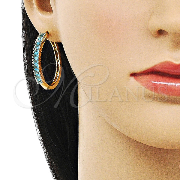 Gold Filled Hoop Earrings — Huggie Hoop Baguette Design with Blue Topaz Cubic — alternate product view — SKU 155229 | Oro Laminado aretes de aro — Huggie Hoop Baguette diseño with Blue Topaz Cubic — SKU 155229