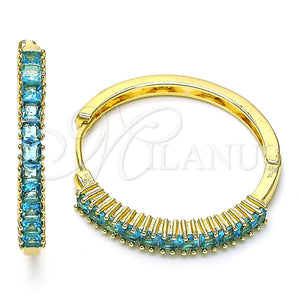 Gold Filled Hoop Earrings — Huggie Hoop Baguette Design with Blue Topaz Cubic — main product view — SKU 155229 | Oro Laminado aretes de aro — Huggie Hoop Baguette diseño with Blue Topaz Cubic — SKU 155229
