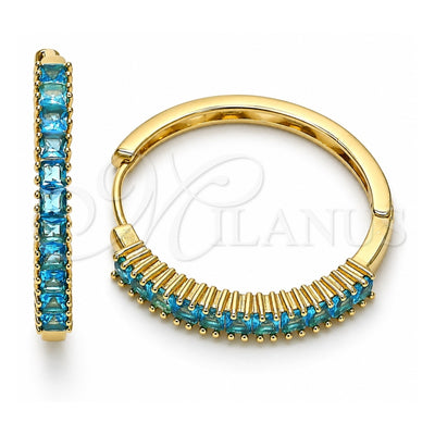 Oro Laminado Huggie Hoop, Gold Filled Style Baguette Design, with Blue Topaz Cubic Zirconia, Polished, Golden Finish, 02.210.0105.14.35