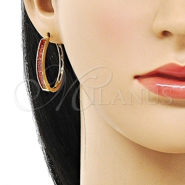 Gold Filled Hoop Earrings — Huggie Hoop Baguette Design with Garnet Cubic Zirconia — alternate product view — SKU 155234 | Oro Laminado aretes de aro — Huggie Hoop Baguette diseño with Garnet Cubic Zirconia — SKU 155234