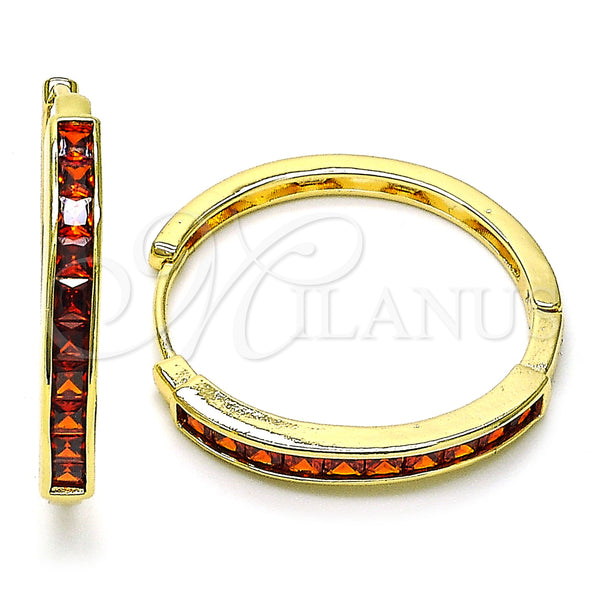Oro Laminado Huggie Hoop, Gold Filled Style Baguette Design, with Garnet Cubic Zirconia, Polished, Golden Finish, 02.210.0106.12.35