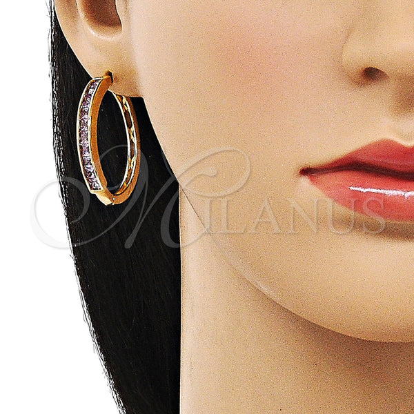 Gold Filled Hoop Earrings — Huggie Hoop Baguette Design with Amethyst Cubic Zirconia — alternate product view — SKU 155237 | Oro Laminado aretes de aro — Huggie Hoop Baguette diseño with Amethyst Cubic Zirconia — SKU 155237
