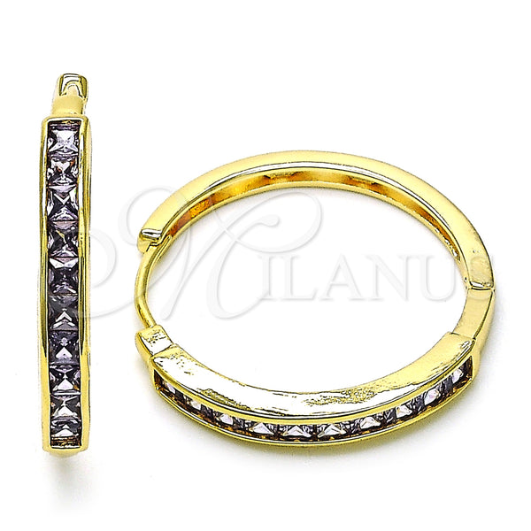 Gold Filled Hoop Earrings — Huggie Hoop Baguette Design with Amethyst Cubic Zirconia — main product view — SKU 155237 | Oro Laminado aretes de aro — Huggie Hoop Baguette diseño with Amethyst Cubic Zirconia — SKU 155237