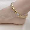 Oro Laminado Fancy Anklet, Gold Filled Style Miami Cuban Design, with White Micro Pave, Polished, Golden Finish, 03.253.0099.09 (10 MM Thickness, 9 Inches Length)