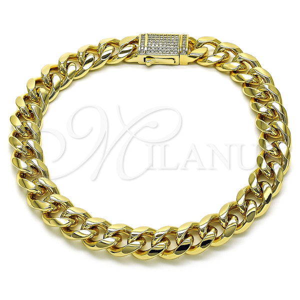 Oro Laminado Fancy Anklet, Gold Filled Style Miami Cuban Design, with White Micro Pave, Polished, Golden Finish, 03.253.0099.09 (10 MM Thickness, 9 Inches Length)