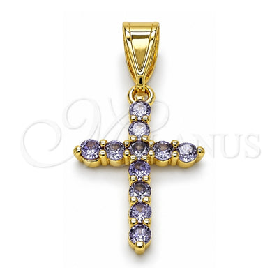 Oro Laminado Religious Pendant, Gold Filled Style Cross Design, with Amethyst Cubic Zirconia, Polished, Golden Finish, 05.253.0182.1