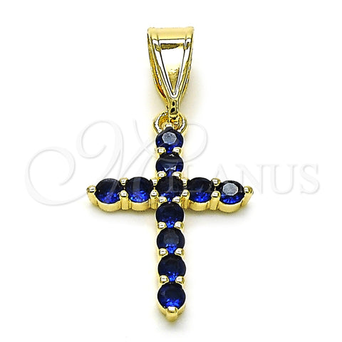 Oro Laminado Religious Pendant, Gold Filled Style Cross Design, with Sapphire Blue Cubic Zirconia, Polished, Golden Finish, 05.253.0182.2