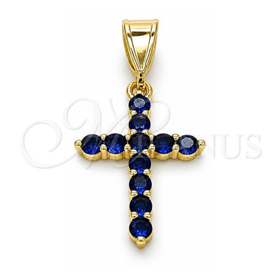 Oro Laminado Religious Pendant, Gold Filled Style Cross Design, with Sapphire Blue Cubic Zirconia, Polished, Golden Finish, 05.253.0182.2
