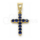Oro Laminado Religious Pendant, Gold Filled Style Cross Design, with Sapphire Blue Cubic Zirconia, Polished, Golden Finish, 05.253.0182.2