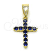 Oro Laminado Religious Pendant, Gold Filled Style Cross Design, with Sapphire Blue Cubic Zirconia, Polished, Golden Finish, 05.253.0182.2