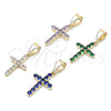 Oro Laminado Religious Pendant, Gold Filled Style Cross Design, with Sapphire Blue Cubic Zirconia, Polished, Golden Finish, 05.253.0182.2