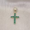 Oro Laminado Religious Pendant, Gold Filled Style Cross Design, with Green Cubic Zirconia, Polished, Golden Finish, 05.253.0182.3