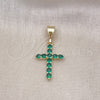 Oro Laminado Religious Pendant, Gold Filled Style Cross Design, with Green Cubic Zirconia, Polished, Golden Finish, 05.253.0182.3