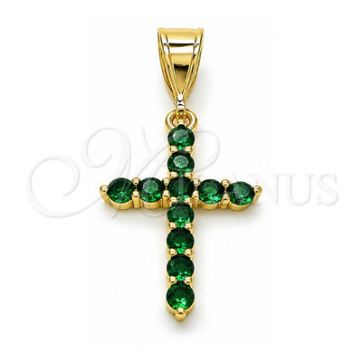 Oro Laminado Religious Pendant, Gold Filled Style Cross Design, with Green Cubic Zirconia, Polished, Golden Finish, 05.253.0182.3