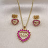 Oro Laminado Earring and Pendant Adult Set, Gold Filled Style Mom and Heart Design, with Ruby Cubic Zirconia, Polished, Golden Finish, 10.156.0416.2