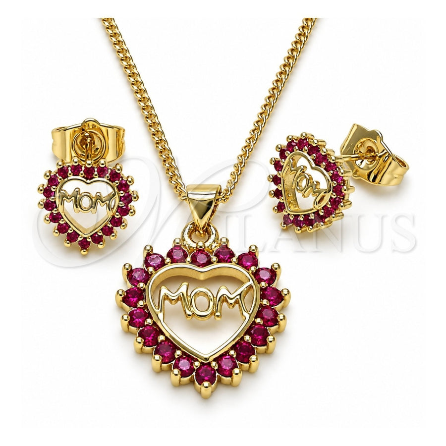 Oro Laminado Earring and Pendant Adult Set, Gold Filled Style Mom and Heart Design, with Ruby Cubic Zirconia, Polished, Golden Finish, 10.156.0416.2