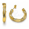 Oro Laminado Medium Hoop, Gold Filled Style Twist and Hollow Design, Diamond Cutting Finish, Golden Finish, 02.213.0636.30