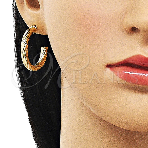 Gold Filled Hoop Earrings — Medium Hoop Twist and Hollow Design Diamond Cutting — alternate product view — SKU 155299 | Oro Laminado aretes de aro — Medium Hoop Twist and Hollow diseño Diamond Cutting — SKU 155299
