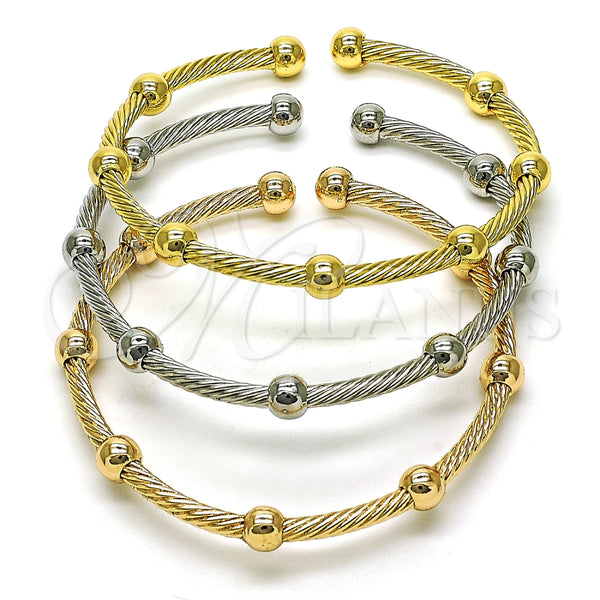 Oro Laminado Trio Bangle, Gold Filled Style Twist and Ball Design, Polished, Tricolor, 07.170.0027 (Thickness, One size fits all)