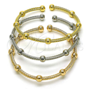 Oro Laminado Trio Bangle, Gold Filled Style Twist and Ball Design, Polished, Tricolor, 07.170.0027 (Thickness, One size fits all)