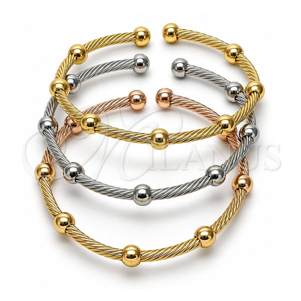 Oro Laminado Trio Bangle, Gold Filled Style Twist and Ball Design, Polished, Tricolor, 07.170.0027 (Thickness, One size fits all)