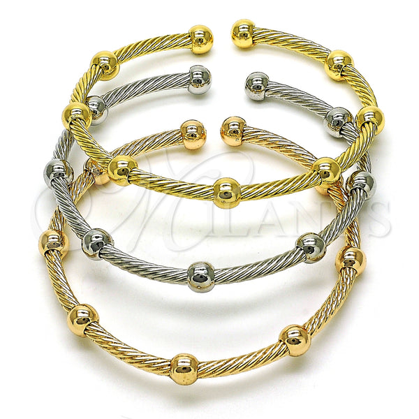 Oro Laminado Trio Bangle, Gold Filled Style Twist and Ball Design, Polished, Tricolor, 07.170.0027 (03 MM Thickness, One size fits all)