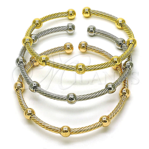 Oro Laminado Trio Bangle, Gold Filled Style Twist and Ball Design, Polished, Tricolor, 07.170.0027 (03 MM Thickness, One size fits all)