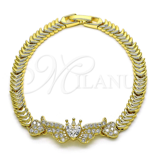 Oro Laminado Fancy Bracelet, Gold Filled Style Wings and Heart Design, with White Cubic Zirconia and White Micro Pave, Polished, Golden Finish, 03.283.0384.07 (06 MM Thickness, 7 Inches Length)