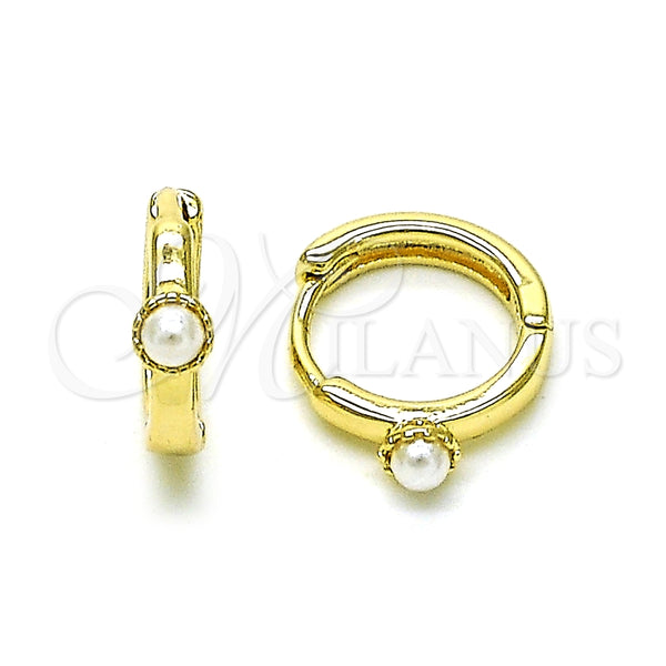 Gold Filled Hoop Earrings — Huggie Hoop Ball Design with Ivory Pearl Polished — main product view — SKU 155365 | Oro Laminado aretes de aro — Huggie Hoop Ball diseño with Ivory Pearl pulido — SKU 155365