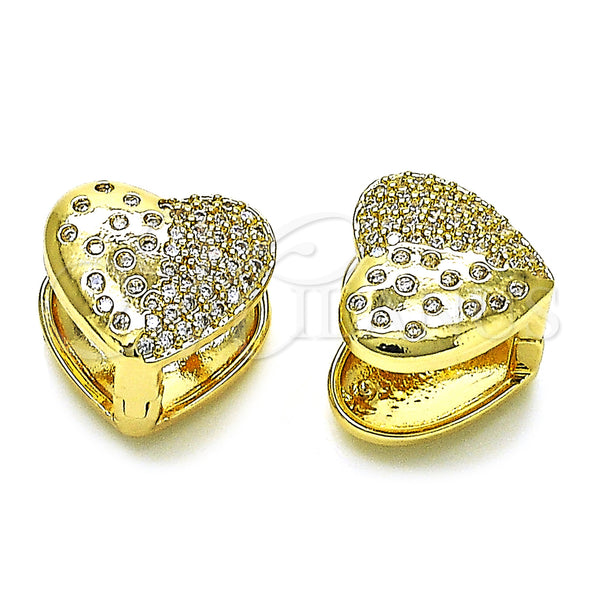 Gold Filled Hoop Earrings — Huggie Hoop Heart Design with White Micro Pave — main product view — SKU 155384 | Oro Laminado aretes de aro — Huggie Hoop corazón diseño with blanco Micro Pave — SKU 155384