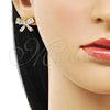 Oro Laminado Stud Earring, Gold Filled Style Bow and Baguette Design, with White Cubic Zirconia, Polished, Golden Finish, 02.283.0102