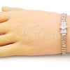 Oro Laminado Fancy Bracelet, Gold Filled Style Bow and Baguette Design, with White Cubic Zirconia, Polished, Golden Finish, 03.283.0385.07 (05 MM Thickness, 8 Inches Length)