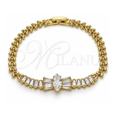 Oro Laminado Fancy Bracelet, Gold Filled Style Bow and Baguette Design, with White Cubic Zirconia, Polished, Golden Finish, 03.283.0385.07 (05 MM Thickness, 8 Inches Length)